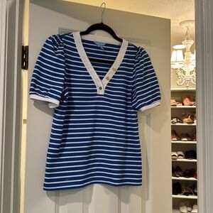 Draper James Navy and White Striped V-Neck Tee